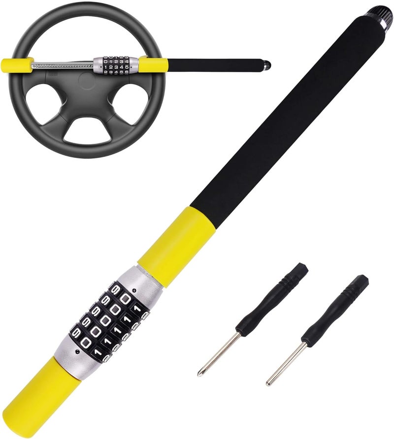 Tevlaphee Steering Wheel Lock, Car Lock Anti Theft Keyless Extendable Retractable Password 5 Coded Combination Lock, Heavy Duty Universal Fit (Yellow) - Image 1